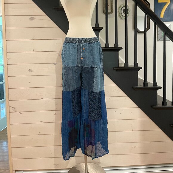 Western Boho Tiered Patchwork Denim Pants NWT Size Large - Picture 7 of 8